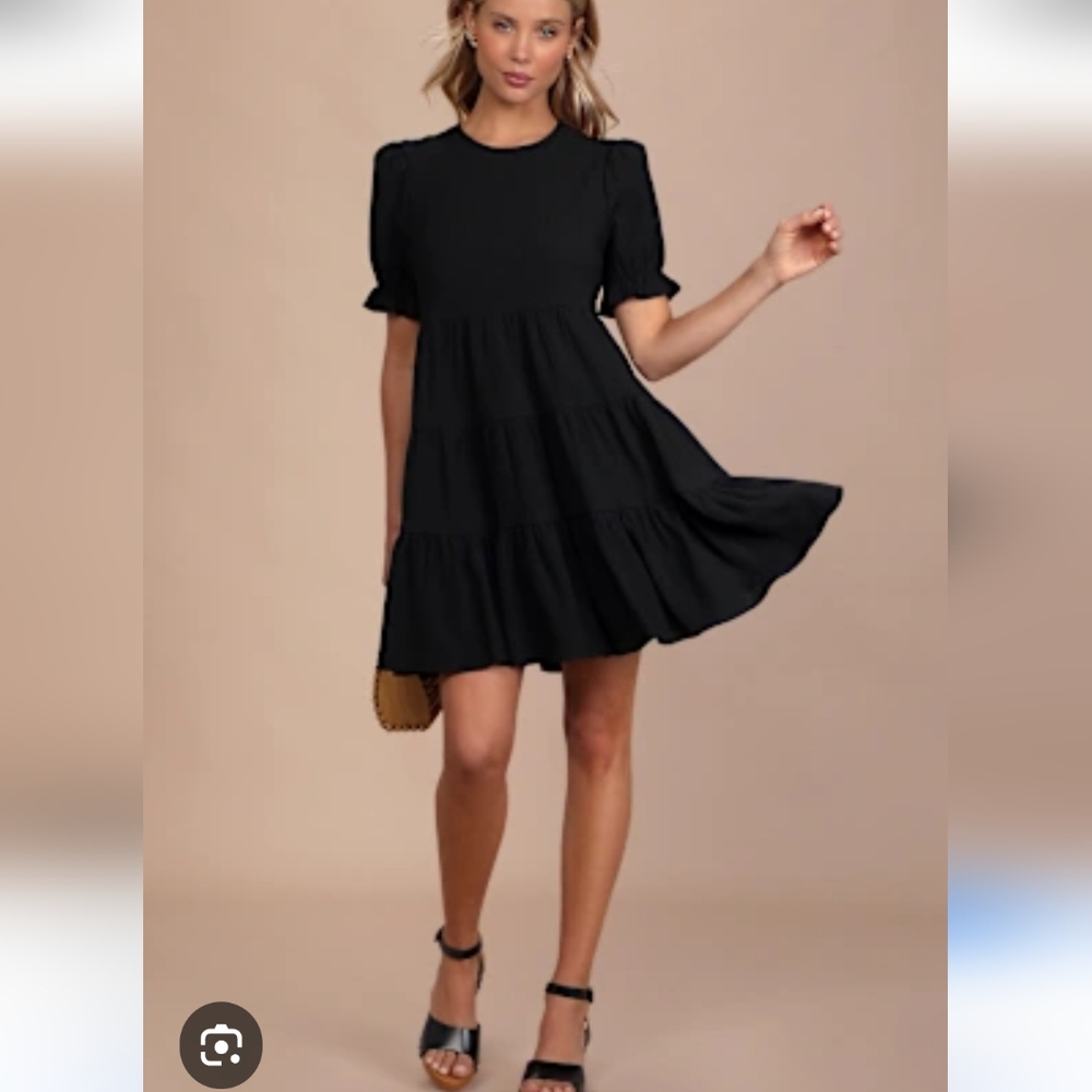 NWT Lulu's Tiered Black Puff Sleeve Gauze Mini Dress Size M